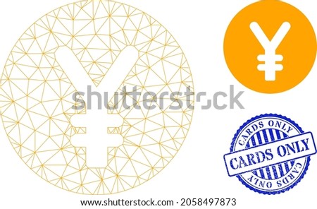 Web net yen coin vector icon, and blue round CARDS ONLY textured stamp. CARDS ONLY stamp seal uses round template and blue color. Flat 2d carcass created from yen coin icon.