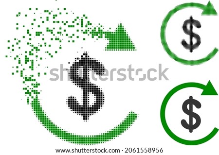 Burst pixelated dollar repay pictogram with halftone version. Vector wind effect for dollar repay pictogram. Pixelated transformation effect for dollar repay gives speed of virtual concepts.