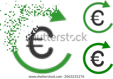 Dust pixelated euro repay icon with halftone version. Vector wind effect for euro repay symbol. Pixel dust effect for euro repay reproduces movement of virtual abstractions.