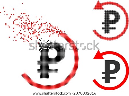 Erosion pixelated rouble refund glyph with halftone version. Vector destruction effect for rouble refund pictogram.