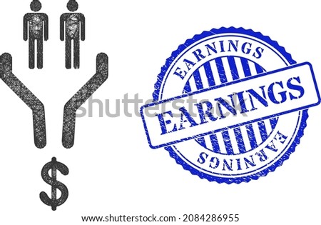 Vector network sales funnel model, and Earnings blue rosette textured seal. Wire carcass net symbol created from sales funnel pictogram, is created from crossed lines.