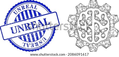 Vector crossing mesh brain gear frame, and Unreal blue round scratched seal imitation. Hatched frame network symbol designed with brain gear pictogram, is made with crossed lines.