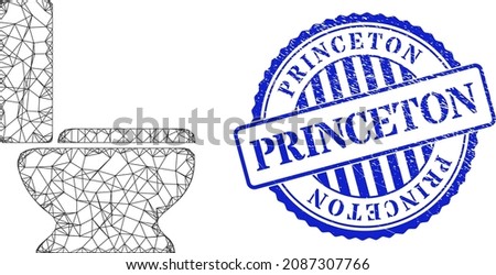 Vector crossing mesh toilet seat frame, and Princeton blue rosette scratched stamp. Crossed frame network symbol based on toilet seat icon, is generated with crossing lines.