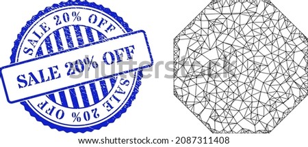 Vector network octagon carcass, and Sale 20 percents Off blue round corroded seal. Crossed carcass network illustration created from octagon icon, is generated with crossing lines.