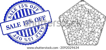 Vector network rounded pentagon frame, and Sale 15 percents Off blue round dirty seal print. Linear frame net symbol created from rounded pentagon pictogram, generated from crossed lines.