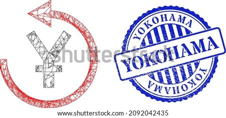 Vector network yen chargeback carcass, and Yokohama blue rosette dirty seal imitation. Crossed frame net illustration created from yen chargeback icon, is generated from intersected lines.