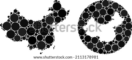 Vector mosaic China map of round elements. Mosaic geographic China map is constructed as subtraction from round shape with sphere elements in black colors. Pixelated vector mosaic China map.