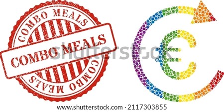 Euro repay composition icon of circle spots in different sizes and spectrum colored color tinges. Red rounded distress stamp with Combo Meals text. A dotted LGBT- colored euro repay for lesbians,