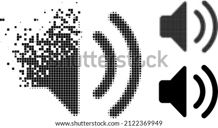 Destructed pixelated sound source icon with halftone version. Vector destruction effect for sound source symbol. Pixelated dematerialization effect for sound source shows speed of virtual world.