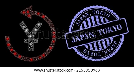 Glowing net yen chargeback with glowing spots, and Japan, Tokyo blue round rubber seal. Vector frame based on yen chargeback icon. Constellation frame polygonal yen chargeback.