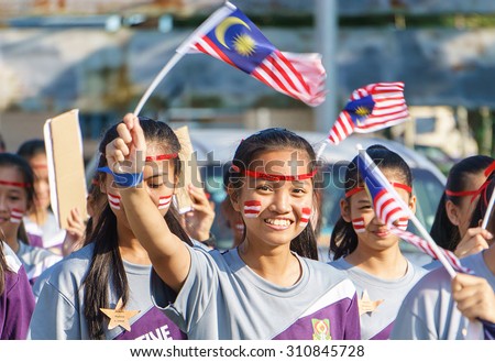 Kiulu Sabah Malaysia-August 27, 2015:School student marched during the state celebration of Malaysia Independence day.Independence month celebrated annually across Malaysia during August.