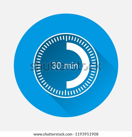 Clock icon indicating  time interval of 30 minute on blue background. Flat image thirty minutes with long shadow.  Layers grouped for easy editing illustration. For your design.