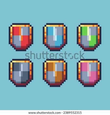 Pixel art sets of shield with variation color item asset. Shield defend on pixelated style. 8bits perfect for game asset or design asset element for your game design asset