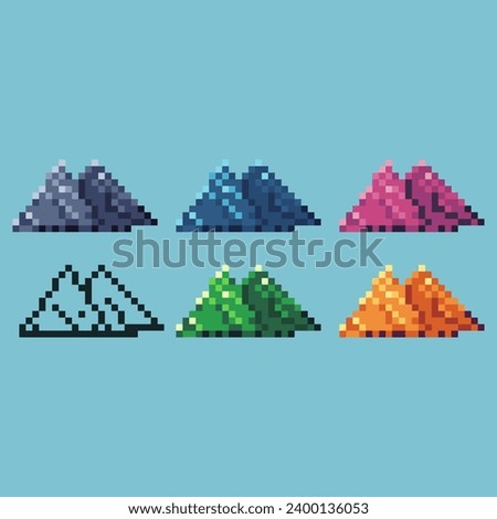 Pixel art sets of mountains icon with variation color item asset. Mountains icon on pixelated style. 8bits perfect for game asset or design asset element for your game design asset