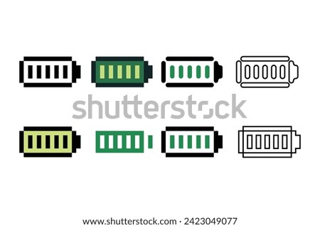 Pixel art outline sets icons of battery power sign variations in color.Battery icon in pixelated style. 8-bit Illustration,for design asset elements, game UIs, and mobile apps,vector icon collection.