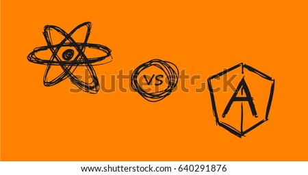 Vector doodle style React js verses Angular js symbols on orange background