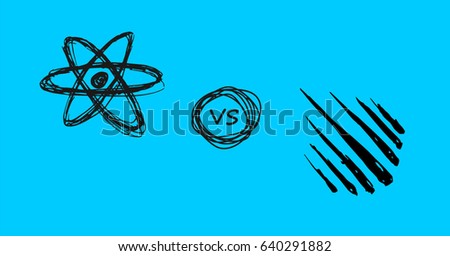 Vector doodle style React js verses Meteor js symbols on blue background