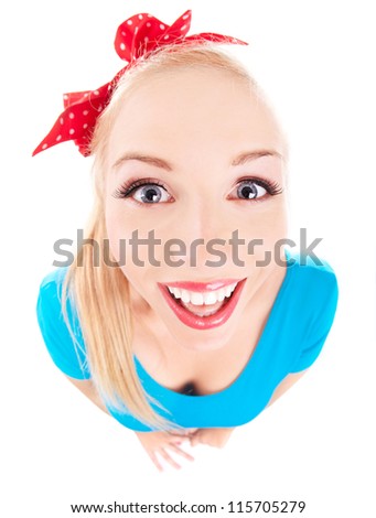Cheerful funny girl isolated on white, fish eye lens shot