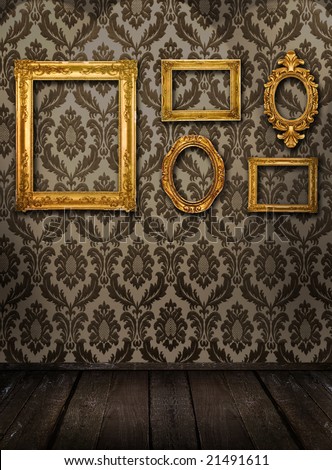 Gold frames, retro wallpaper, spotlights from above, please check for more