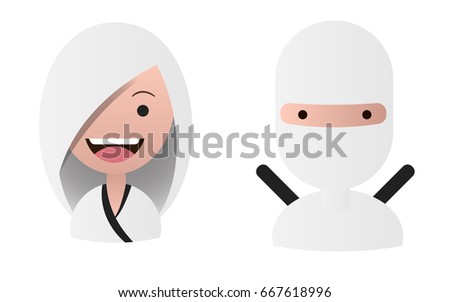 White ninja male female avatars set. White background. Illustration. Eps10.