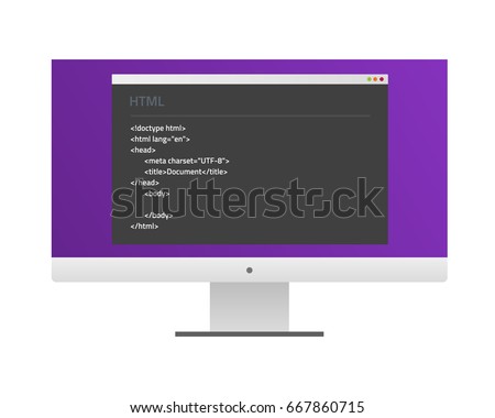 Screen monitor with a window and HTML code. Flat material design. Vector Illustration. Eps10.