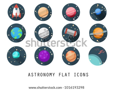 Flat vector icon set-rocket,planet,mar,mercury,jupiter,moon,earth,saturn,telescope,star,comet.Colorful planets set. Vector illustration.