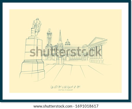 Birmingham Museum with Town Hall and Chamberlain Memorial in Chamberlain Square, vector illustration and typography design, Birmingham, UK