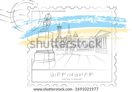 Stamp of the Birmingham Museum with Town Hall and Chamberlain Memorial in Chamberlain Square, vector illustration and typography design, Birmingham, UK