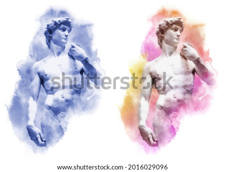 Watercolor illustration of the Michelangelo's famous David statue, Florence, Italy