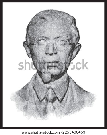 Jean Paul Sartre bust pencil sketch illustration. French playwright, novelist, screenwriter, political activist, biographer, and literary critic. Vector Pattern.