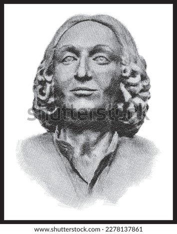 Antonio Vivaldi portrait bust pen sketch illustration. Italian composer, violinist and priest. Poster, Wall Decoration, Postcard, Social Media Banner, Brochure Cover Design Background. Vector Pattern.