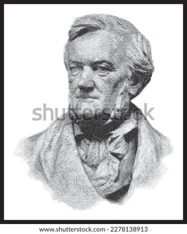 Richard Wagner portrait bust pen sketch illustration. German composer. Poster, Wall Decoration, Postcard, Social Media Banner, Brochure Cover Design Background. Vector Pattern.