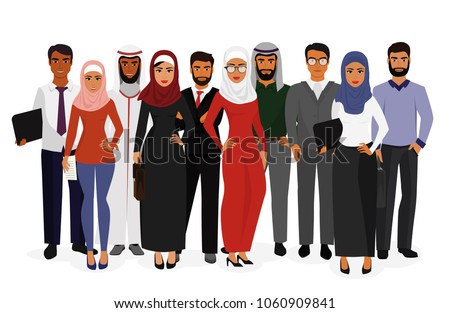 Vector illustration of groupe arab man and woman business people standing together in traditional islamic clothes on white background in flat style. Arabic characters businessmen and businesswomen.