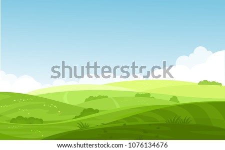 Vector illustration of beautiful fields landscape with a dawn, green hills, bright color blue sky, background in flat cartoon style.