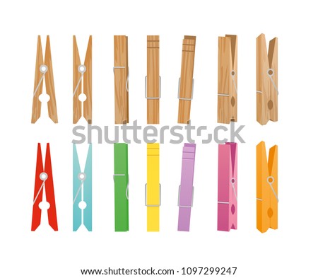 Vector illustration of wooden and clothespin collection on white background. Clothespins in different bright colors and positions for household in flat style.