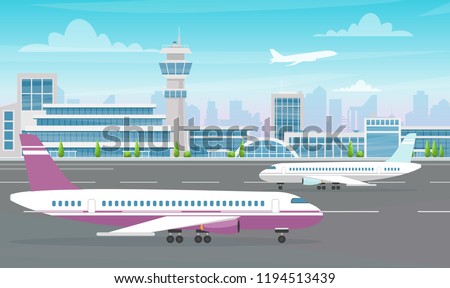 illustration of Airport terminal building with big plane and aircraft taking off on modern city background. Flat cartoon style.
