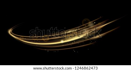 Vector illustration of golden dynamick lights linze effect isolated on black color background. Abstract background for science, futuristic, energy technology concept. Digital image lines with light