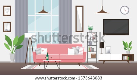 Living room flat vector illustration. Modern detailed interior design. Room with pink couch, TV, bookshelf. Cozy apartment. Flat with big windows and potted flowers.Coffee table with wine glasses.