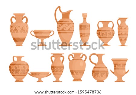 Greek vases flat vector illustrations set. Ceramic antique amphora with patterns collection. Ancient Greece potter with ornament isolated design elements pack. Old Roman handmade clay pots.