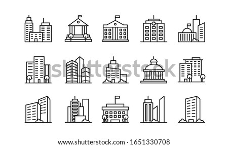 Big city buildings linear icons set. Urban architecture. State institutions, religious and cultural monuments. Educational centres and residential buildings pack isolated on white background