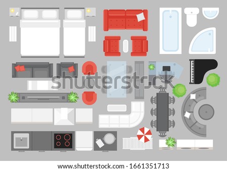 Vector illustration set of furniture top view. Design elements for interior design. Flat interior top view icons collection. Living room, bathroom, bedroom furniture set.