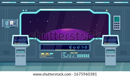 Spacecraft, shuttle or ship interior flat vector illustration game background. Space travel future
