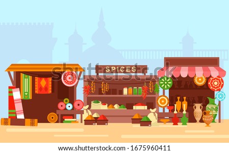 Asian market flat cartoon concept vector illustration. Arabic bazaar on old eastern city background