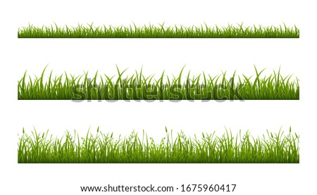 Realistic green grass lawn, border or meadow vector illustration set. Horizontal seamless background