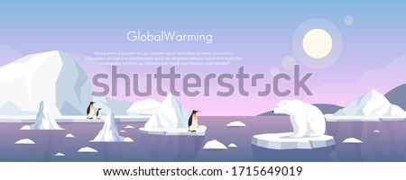 Global warming ice landscape vector illustration. Cartoon flat penguins group and polar bear floating on iceberg of melting arctic or antarctic glacier in north sea. Global warming concept background