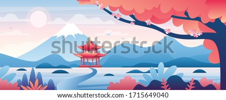 Chinese landscape vector illustration. Cartoon asian traditional temple, pavilion or house with oriental pagoda in rural China, flat mountain lake scenery and blooming tree. Travel to Asia background