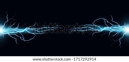 Lightning bolts realistic vector illustration. Powerful thunderstorm electricity discharge isolated on black background. Blue thunderbolt flare. Stormy weather symbol design element