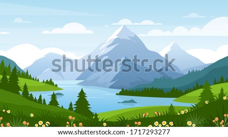 Cartoon flat panorama of spring summer beautiful nature, green grasslands meadow with flowers, forest, scenic blue lake, mountains on horizon background, mountain lake landscape vector illustration