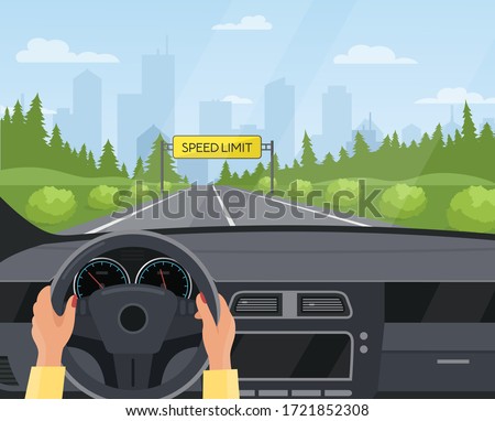 Driving car safety concept vector illustration. Cartoon flat human driver hands drive automobile on asphalt road with speed limit, safe sign on highway. Dashboard inside car interior view background