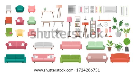 Furniture vector illustration set. Cartoon flat furnishings design with sofa armchair, lamp, table, house plants. Designer trendy items for home apartment or office interior decor isolated on white